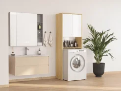 Vente-unique Meuble pour machine à laver avec double portes - L65 x H180 cm - Blanc et naturel clair - WORIKA