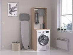 Vente-unique Meuble pour machine à laver avec penderie - Naturel clair - L65 x H184 cm - ERKANO* Meuble Buanderie