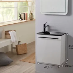 Planète Bain Meuble pour wc blanc avec lave mains design noir et mitigeur noir