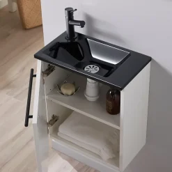Planète Bain Meuble pour wc blanc avec lave mains design noir et mitigeur noir