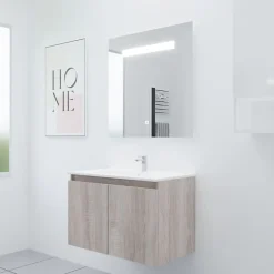 Cuisibane Meuble PROLINE 80 cm avec plan vasque et miroir Elégance ht80- Bois- Plan vasque en Céramique* Ensemble Meuble De Salle De Bains