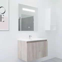 Cuisibane Meuble PROLINE 80 cm avec plan vasque et miroir Elégance ht80- Bois- Plan vasque en Céramique* Ensemble Meuble De Salle De Bains