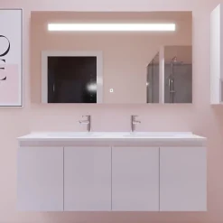Cuisibane Meuble PROLINE 140 cm avec plan double vasque et miroir Elégance ht80- Blanc - vasque en résine* Ensemble Meuble De Salle De Bains