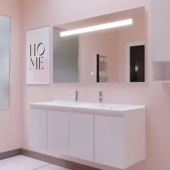 Cuisibane Meuble PROLINE 140 cm avec plan double vasque et miroir Elégance ht80- Blanc - vasque en résine* Ensemble Meuble De Salle De Bains