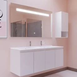 Cuisibane Meuble PROLINE 140 cm avec plan double vasque et miroir Elégance ht80- Blanc - vasque en résine* Ensemble Meuble De Salle De Bains