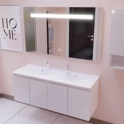 Cuisibane Meuble PROLINE 140 cm avec plan double vasque et miroir Elégance ht80- Blanc - vasque en résine* Ensemble Meuble De Salle De Bains