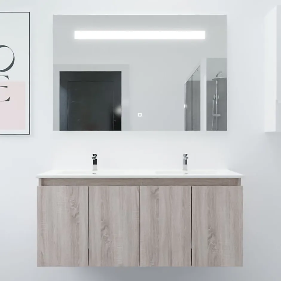 Cuisibane Meuble PROLINE 120 cm avec plan double vasque et miroir Elégance ht80- Bois- Plan vasque en Céramique* Ensemble Meuble De Salle De Bains