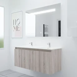 Cuisibane Meuble PROLINE 120 cm avec plan double vasque et miroir Elégance ht80- Bois- Plan vasque en Céramique* Ensemble Meuble De Salle De Bains