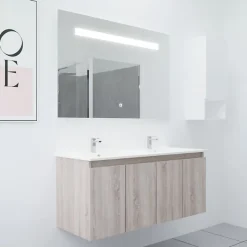 Cuisibane Meuble PROLINE 120 cm avec plan double vasque et miroir Elégance ht80- Bois- Plan vasque en Céramique* Ensemble Meuble De Salle De Bains