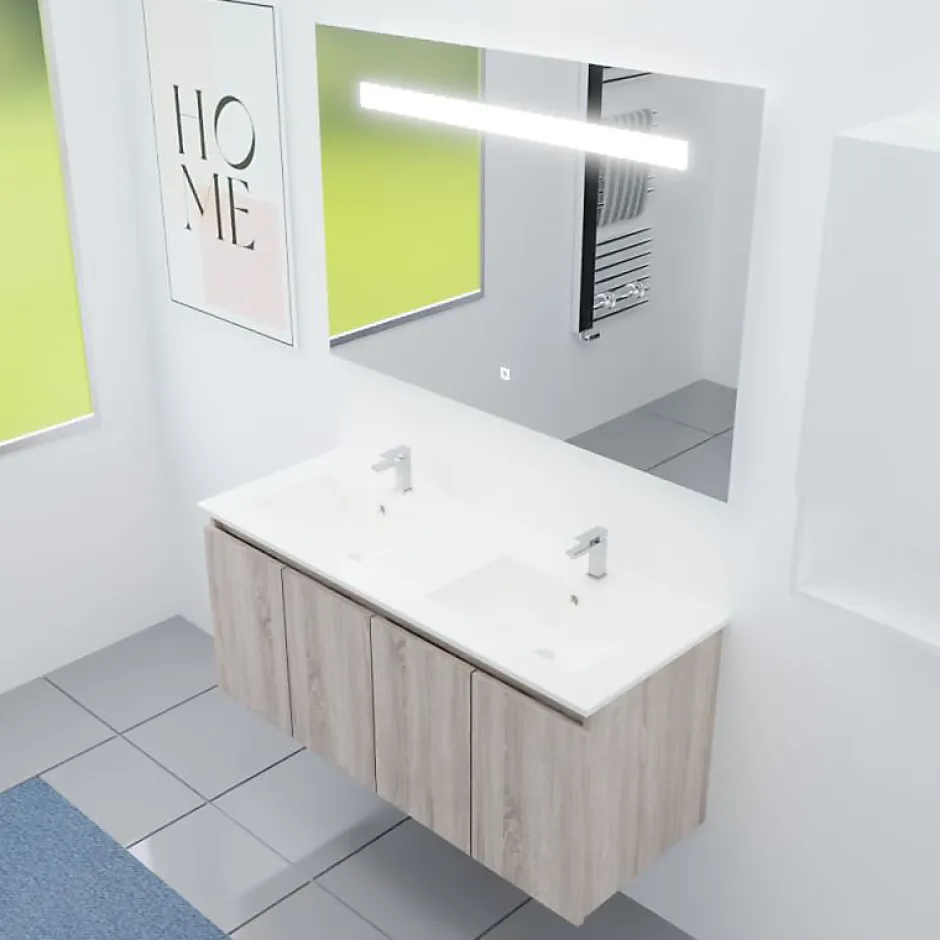 Cuisibane Meuble PROLINE 120 cm avec plan double vasque et miroir Elégance ht80- Bois- Plan vasque en Céramique* Ensemble Meuble De Salle De Bains