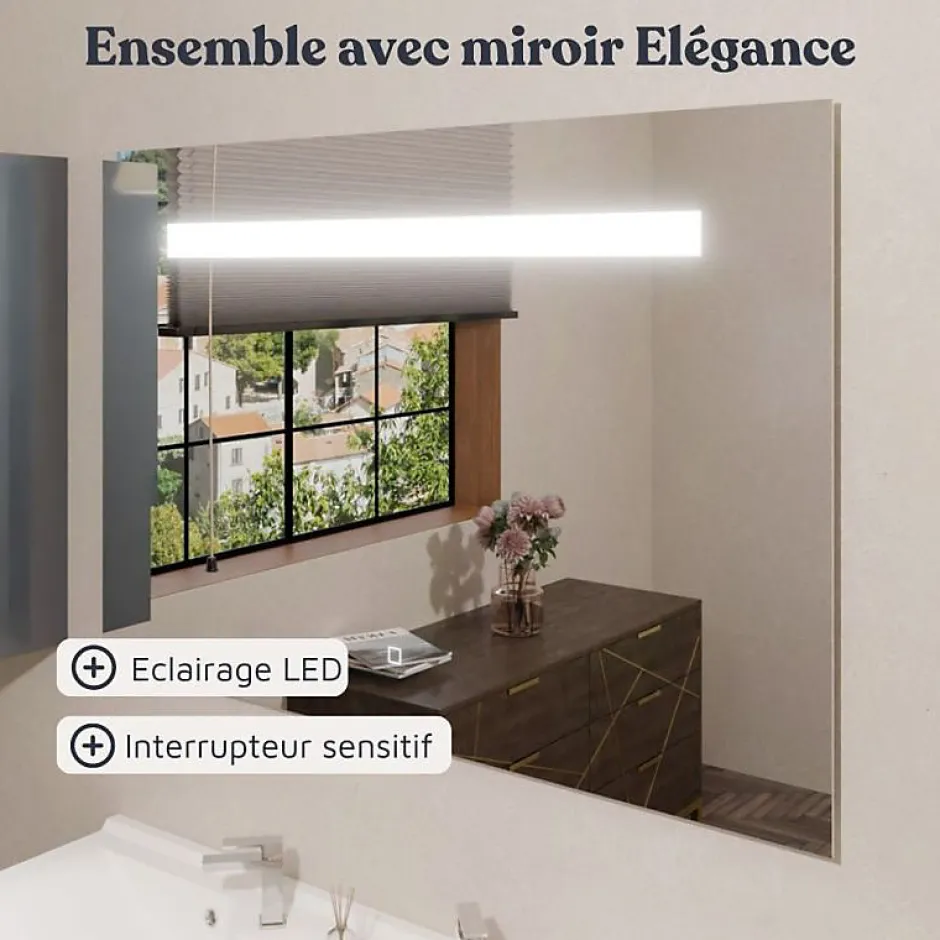 Cuisibane Meuble PROLINE 120 cm avec plan double vasque et miroir Elégance ht80- Bois- Plan vasque en Céramique* Ensemble Meuble De Salle De Bains