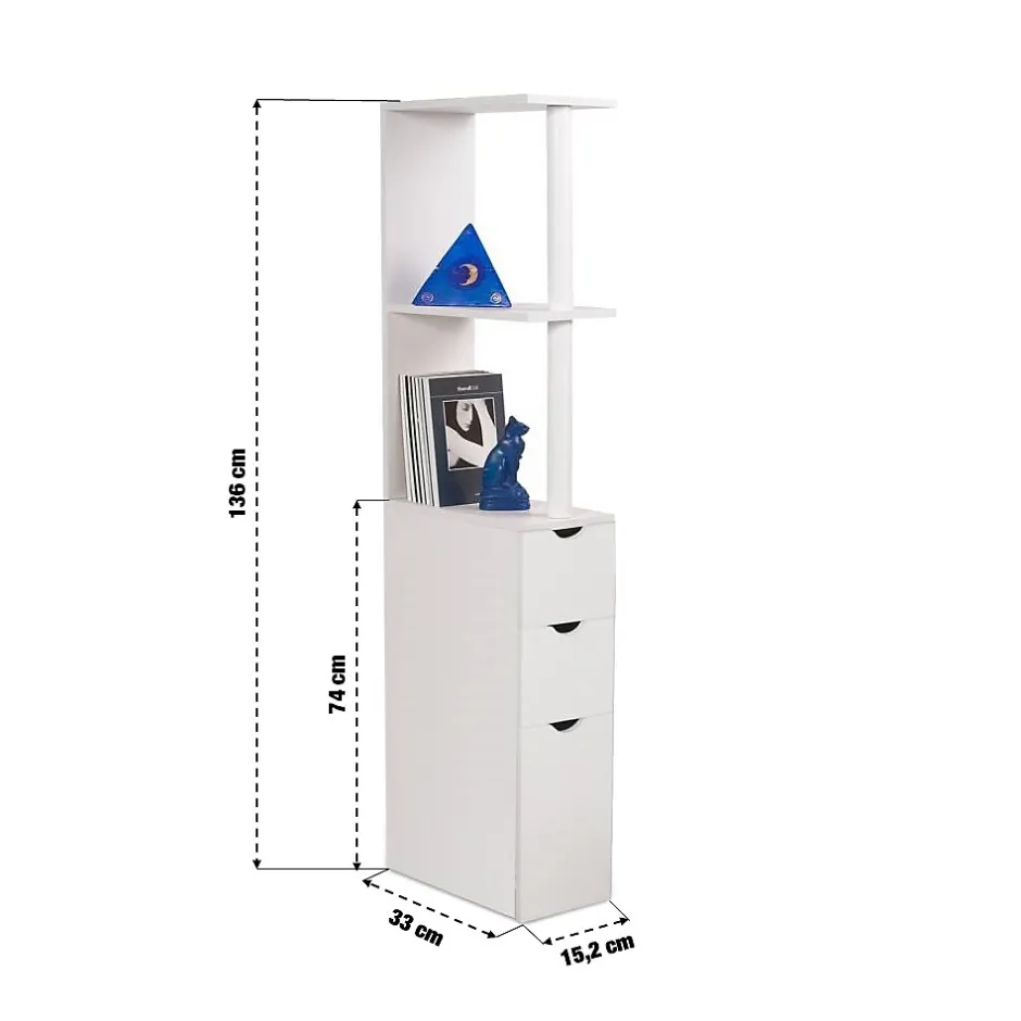 Facility'S Meuble rangement WC/salle de bains étroit 15,2 cm, colonne blanche bois mélaminé 136 cm - 3 étagères + placard + 2 tiroirs