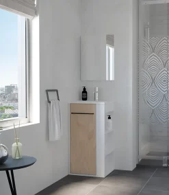 Ondee Meuble rectangle tout en un compact H.84 x l.44 cm, blanc mat, porte décor bois, Nova* Meuble Vasque|Lave-Mains
