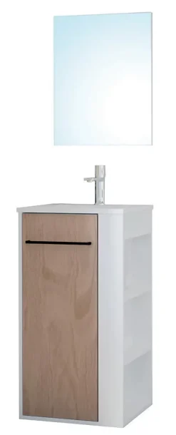 Ondee Meuble rectangle tout en un compact H.84 x l.44 cm, blanc mat, porte décor bois, Nova* Meuble Vasque|Lave-Mains
