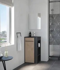 Ondee Meuble rectangle tout en un compact H.84 x l.44 cm, noir mat, porte décor bois, Nova