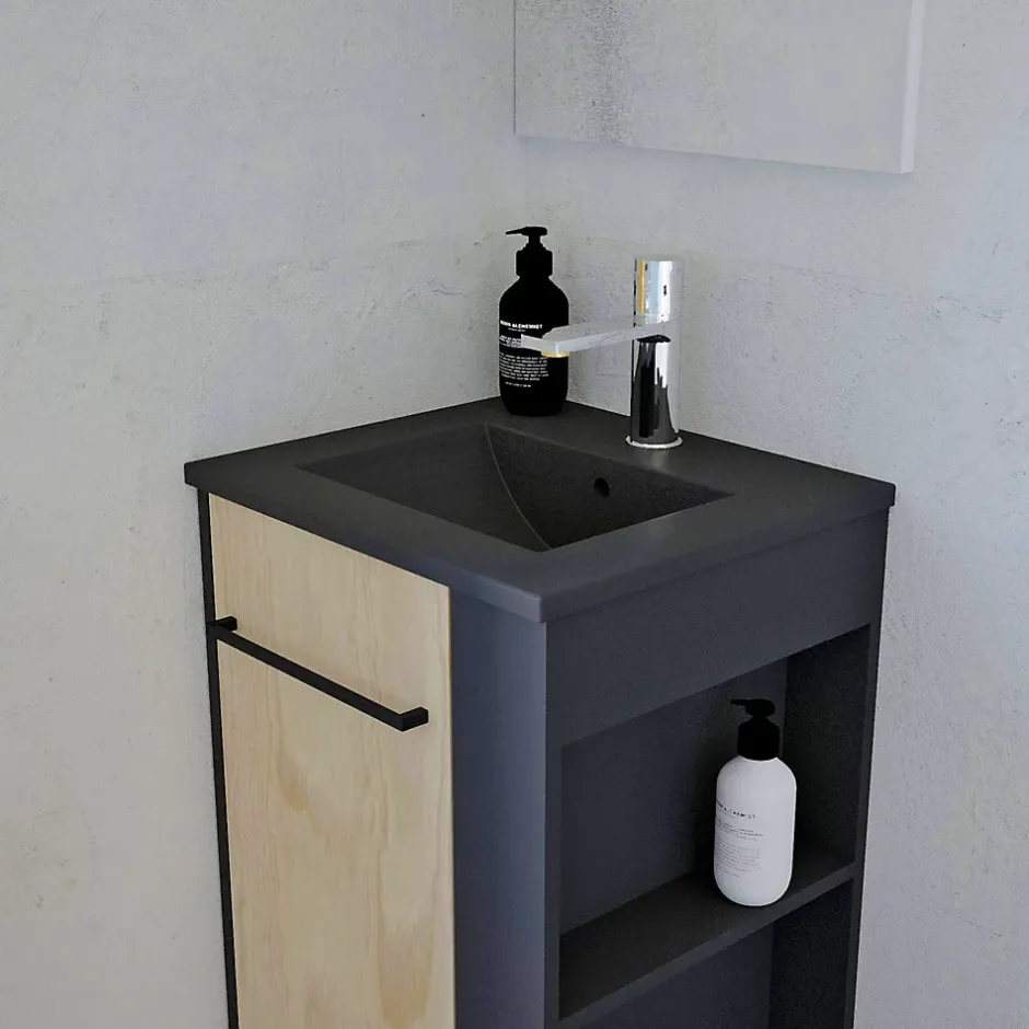 Ondee Meuble rectangle tout en un compact H.84 x l.44 cm, noir mat, porte décor bois, Nova