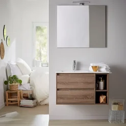 Planète Bain Meuble salle de bain - 80 cm - Plan décentré - Effet chêne foncé britannia - A suspendre - miroir et éclairage inclus - Venus