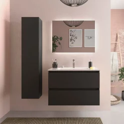 Planète Bain Meuble salle de bain - 80 cm - Avec plan vasque - Noir mat - A suspendre - KARAIB* Meuble Vasque