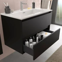 Planète Bain Meuble salle de bain - 80 cm - Avec plan vasque - Noir mat - A suspendre - KARAIB* Meuble Vasque