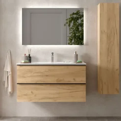 Planète Bain Meuble salle de bain - 100 CM - avec plan vasque - Effet chêne brut - poignées noires - A suspendre - ARUBA