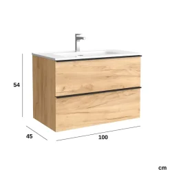 Planète Bain Meuble salle de bain - 100 CM - avec plan vasque - Effet chêne brut - poignées noires - A suspendre - ARUBA