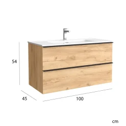Planète Bain Meuble salle de bain - 100 CM - avec plan vasque - Effet chêne brut - poignées noires - A suspendre - ARUBA
