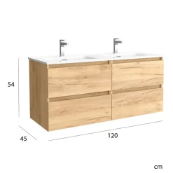 Planète Bain Meuble salle de bain - 120 cm - Plan double vasques céramique - Effet chêne brut - A suspendre - KARAIB