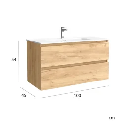 Planète Bain Meuble salle de bain - 100 cm - avec plan vasque - Effet chêne brut - A suspendre - KARAIB