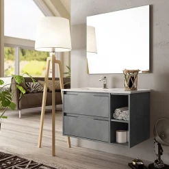 Planète Bain Meuble salle de bain - 80 cm - Plan décentré - Effet ciment - A suspendre - miroir et éclairage inclus - Venus