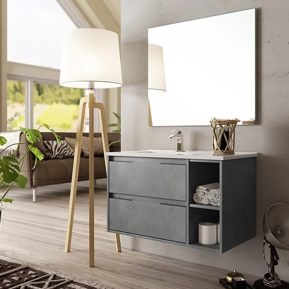 Planète Bain Meuble salle de bain - 80 cm - Plan décentré - Effet ciment - A suspendre - miroir et éclairage inclus - Venus
