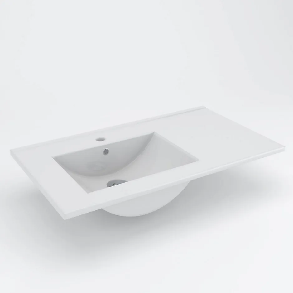 Planète Bain Meuble salle de bain - 80 cm - Plan décentré - Effet ciment - A suspendre - miroir et éclairage inclus - Venus