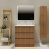 Planète Bain Meuble salle de bain 80 cm A poser - Plan vasque céramique - Effet bois strié - Karaib 2* Meuble Vasque