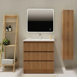 Planète Bain Meuble salle de bain 80 cm A poser - Plan vasque céramique - Effet bois strié - Karaib 2* Meuble Vasque