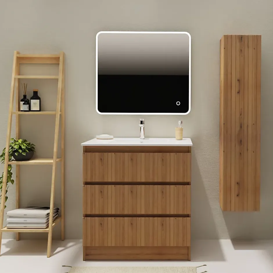 Planète Bain Meuble salle de bain 80 cm A poser - Plan vasque céramique - Effet bois strié - Karaib 2* Meuble Vasque