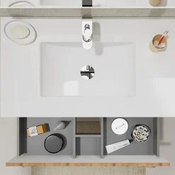 Planète Bain Meuble salle de bain 80 cm A poser - Plan vasque céramique - Effet bois strié - Karaib 2* Meuble Vasque
