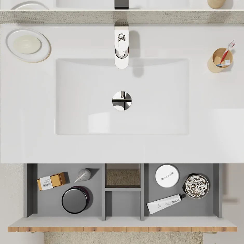 Planète Bain Meuble salle de bain 80 cm A poser - Plan vasque céramique - Effet bois strié - Karaib 2* Meuble Vasque