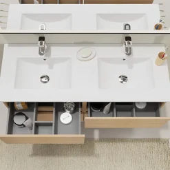 Planète Bain Meuble salle de bain 120 cm - Double vasque céramique - Effet chêne sonoma - A suspendre - Karaib 2