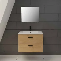 Aurlane Meuble salle de bain 60 cm suspendu 2 tiroirs finition Bois avec vasque et miroir - BOX-IN 60 WOOD* Ensemble Meuble De Salle De Bains