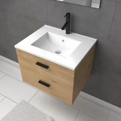 Aurlane Meuble salle de bain 60 cm suspendu 2 tiroirs finition Bois avec vasque et miroir - BOX-IN 60 WOOD* Ensemble Meuble De Salle De Bains