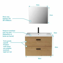 Aurlane Meuble salle de bain 60 cm suspendu 2 tiroirs finition Bois avec vasque et miroir - BOX-IN 60 WOOD* Ensemble Meuble De Salle De Bains