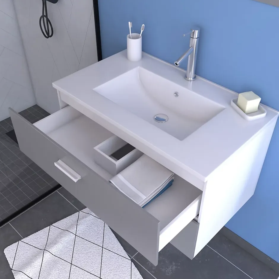 Aurlane Meuble salle de bain 80 cm suspendu 2 tiroirs Gris avec vasque et miroir - BOX-IN
