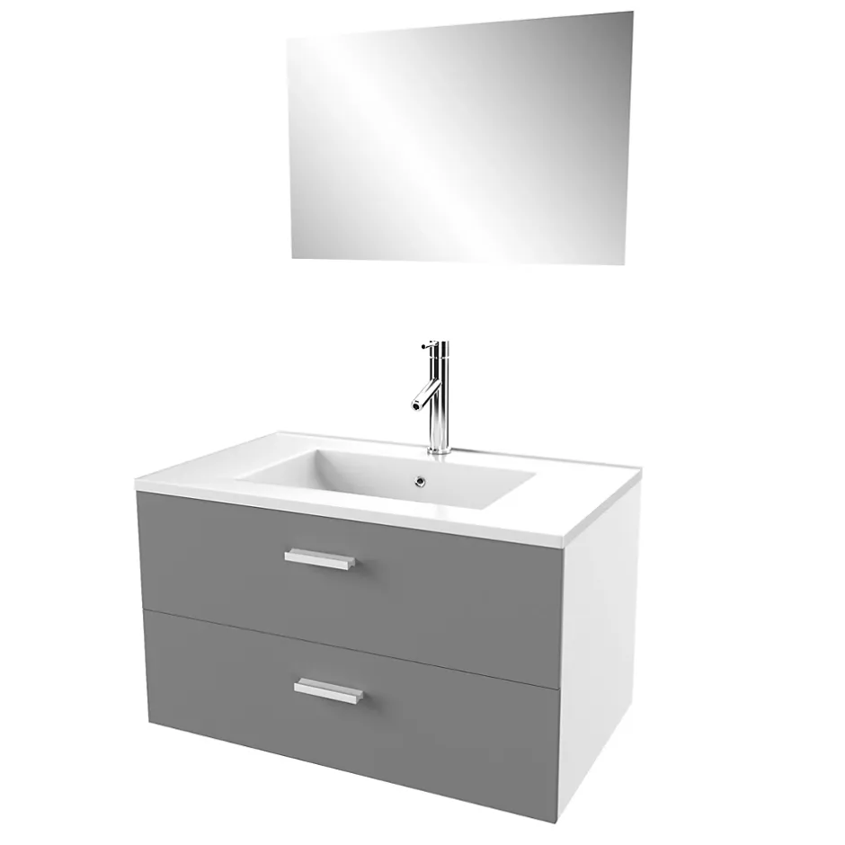 Aurlane Meuble salle de bain 80 cm suspendu 2 tiroirs Gris avec vasque et miroir - BOX-IN
