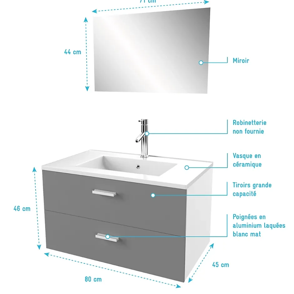 Aurlane Meuble salle de bain 80 cm suspendu 2 tiroirs Gris avec vasque et miroir - BOX-IN