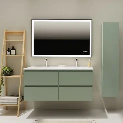 Planète Bain Meuble salle de bain 120 cm - Double vasque céramique - Vert mat - A suspendre - Karaib 2* Meuble Vasque