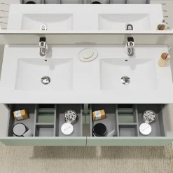 Planète Bain Meuble salle de bain 120 cm - Double vasque céramique - Vert mat - A suspendre - Karaib 2* Meuble Vasque