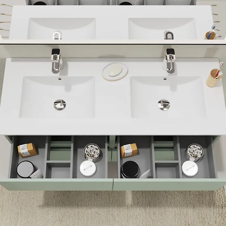 Planète Bain Meuble salle de bain 120 cm - Double vasque céramique - Vert mat - A suspendre - Karaib 2* Meuble Vasque