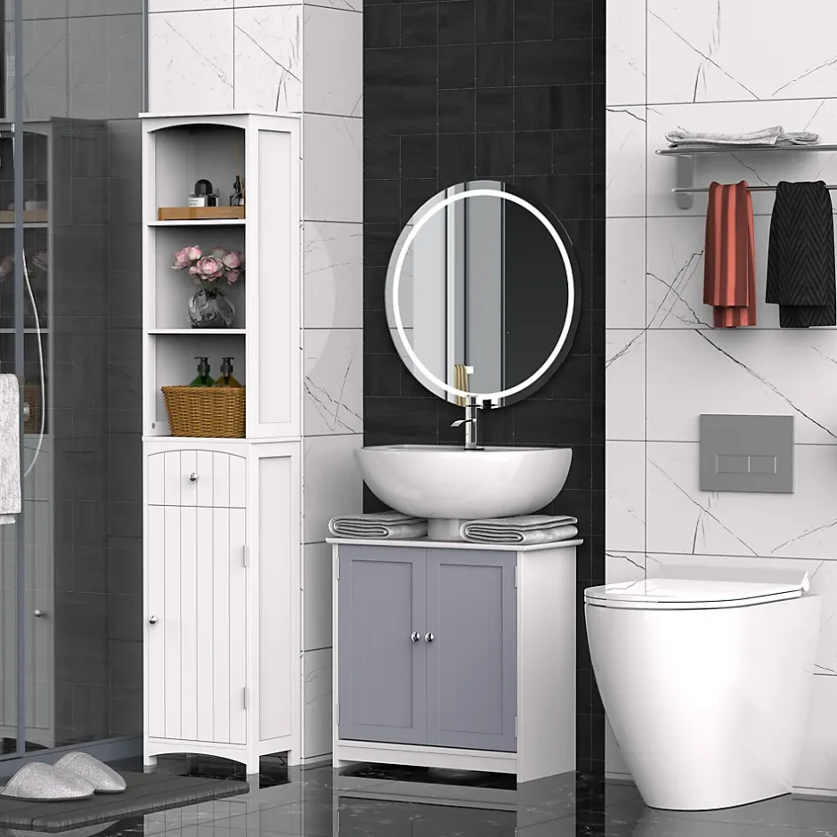 kleankin Meuble salle de bain - meuble sous-vasque - placard 2 portes avec étagère - dim. 60L x 30l x 60H cm - MDF gris blanc
