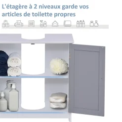 kleankin Meuble salle de bain - meuble sous-vasque - placard 2 portes avec étagère - dim. 60L x 30l x 60H cm - MDF gris blanc