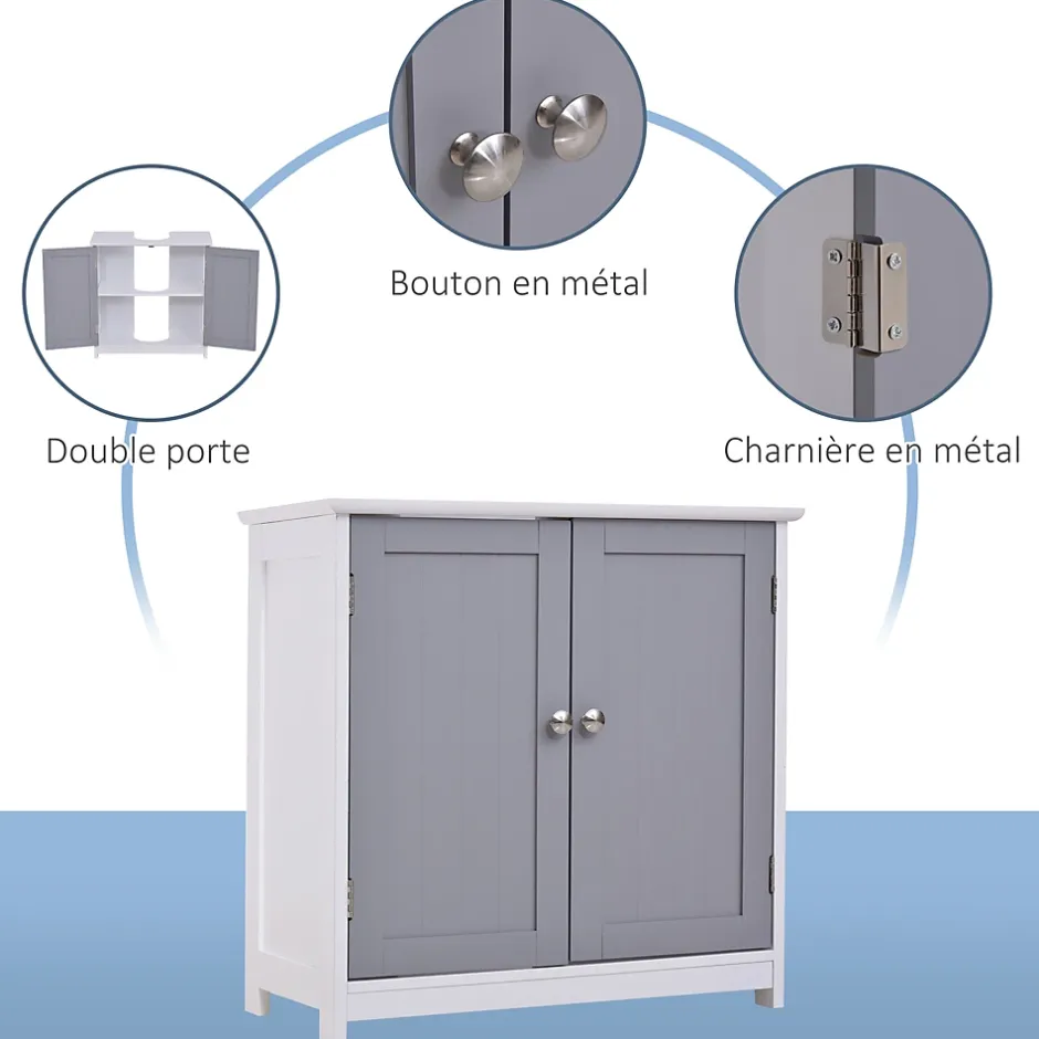 kleankin Meuble salle de bain - meuble sous-vasque - placard 2 portes avec étagère - dim. 60L x 30l x 60H cm - MDF gris blanc