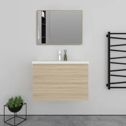 AICA Sanitaire Meuble salle de bain 2 tiroirs avec lavabo et miroir encadré-Chêne l.80 x W.44.5 x H.52 cm* Ensemble Meuble De Salle De Bains